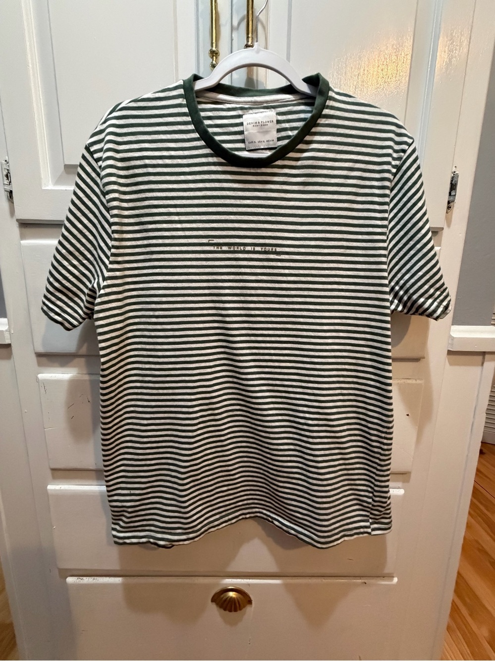 Men’s Green And White Striped Ricky Singh Short Sleeved T XL “The World Is Yours